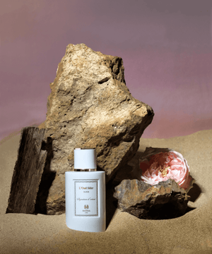Luxurious Maison Maïssa L'Oud Sider perfume bottle on sand, embodying a floral, sweet, and woody elegance. Available at the5thscent.
