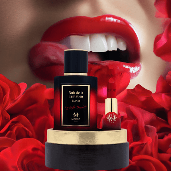 Luxurious Maison Maïssa Nuit de la Tentation Elixir with vibrant red roses, symbolizing opulent elegance and irresistible allure.
