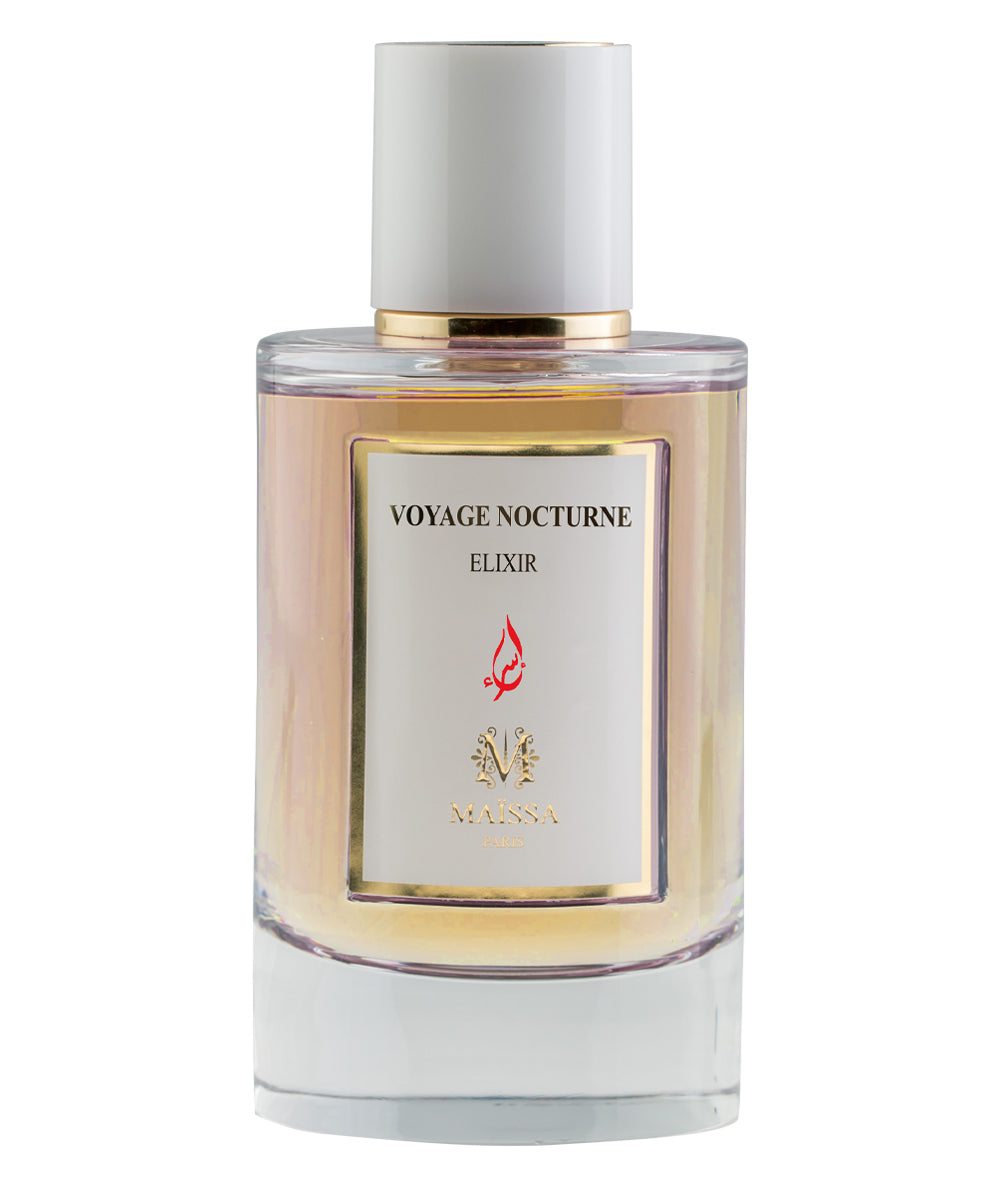 Elegant bottle of VOYAGE NOCTURNE by Maison Maïssa, the5thscent. Luxurious unisex fragrance with woody and floral notes.