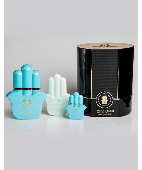 Luxurious Maison Maïssa PRECIOUS STONES EDITION BOX JARDIN DESSAI perfume set by the5thscent, captures a unique floral-woody scent.