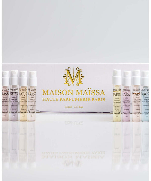 Luxurious KIT ECHANTILLON N1 by Maison Maïssa featuring 10 exclusive perfumes from the5thscent; a sophisticated blend of floral and woody notes.