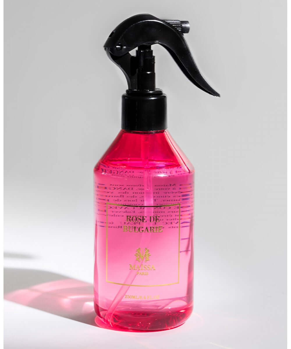 Elegant bottle of LINEN & HOME FRAGRANCES ROSE DE BULGARIE by Maison Maïssa, floral ambiance, the5thscent home luxury fragrance.