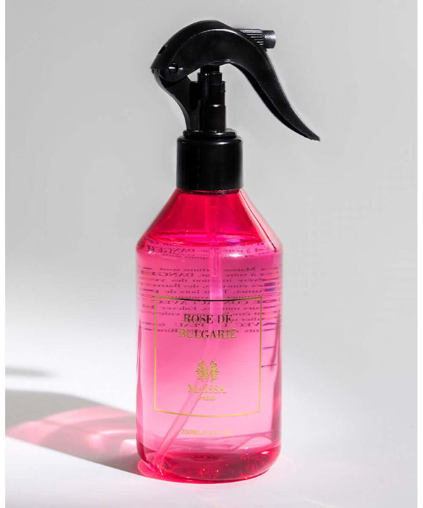 Elegant bottle of LINEN & HOME FRAGRANCES ROSE DE BULGARIE by Maison Maïssa, floral ambiance, the5thscent home luxury fragrance.