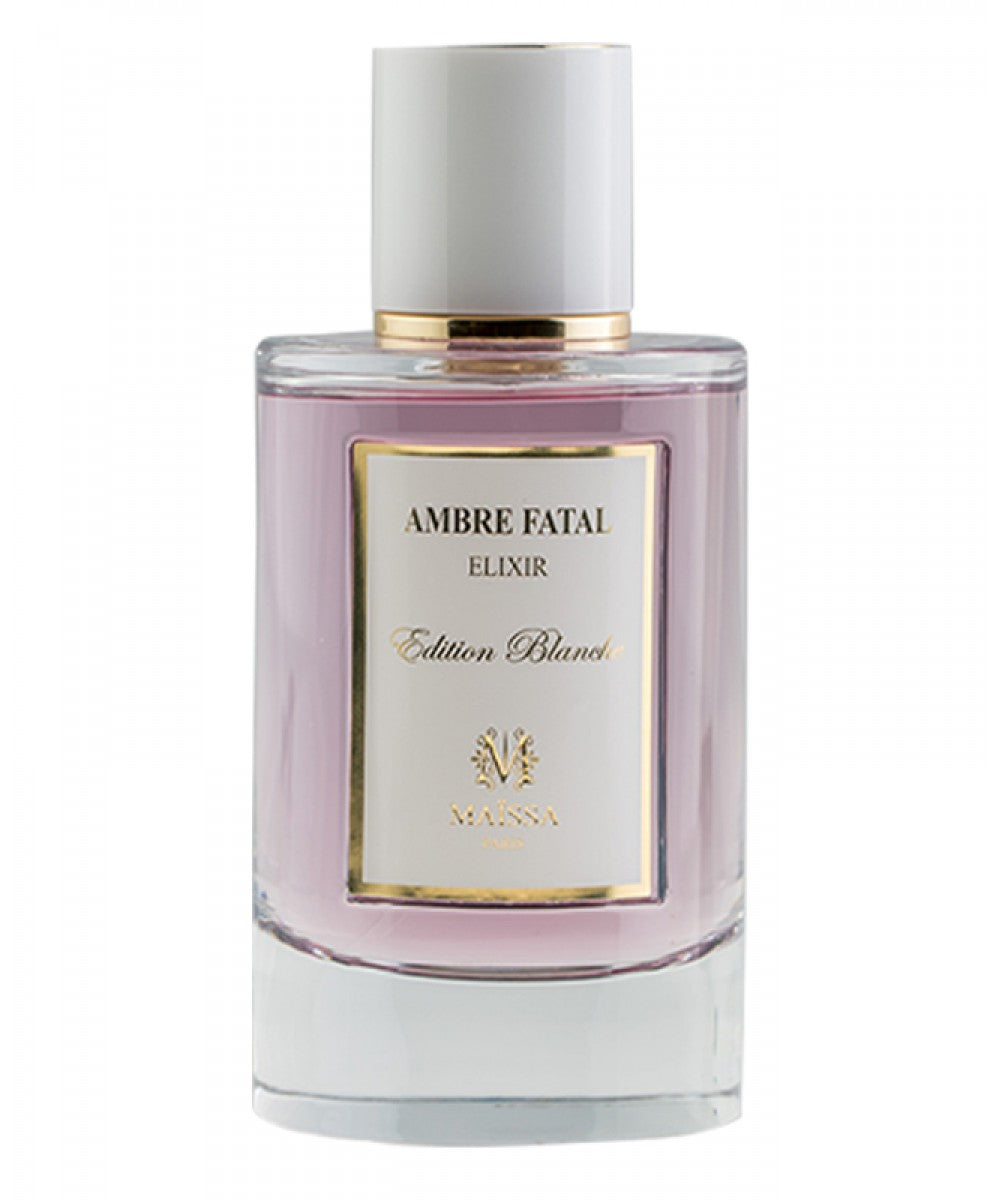 AMBRE FATAL luxurious fragrance by Maison Maïssa in an elegant bottle, capturing woody and floral notes, available at the5thscent.