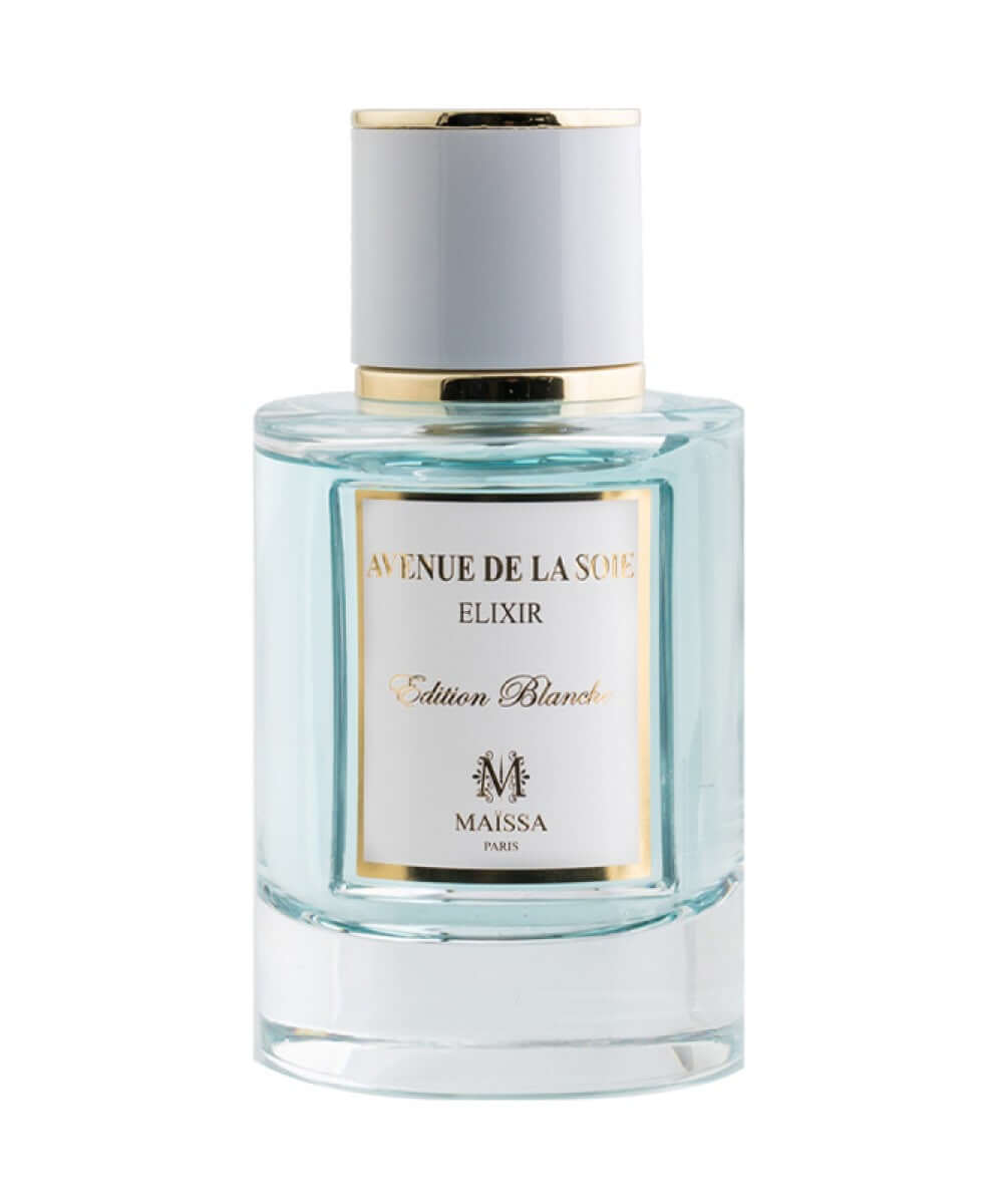 Luxurious bottle of AVENUE DE LA SOIE (50ml) by Maison Maïssa, an exclusive fragrance available at the5thscent, blending floral and woody notes.