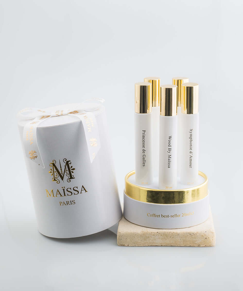 Luxurious BESTSELLERS BOXES- gift box featuring Maison Maïssa perfumes: Jawhara, Princesse de Galles, and Wood by Maïssa, by the5thscent.