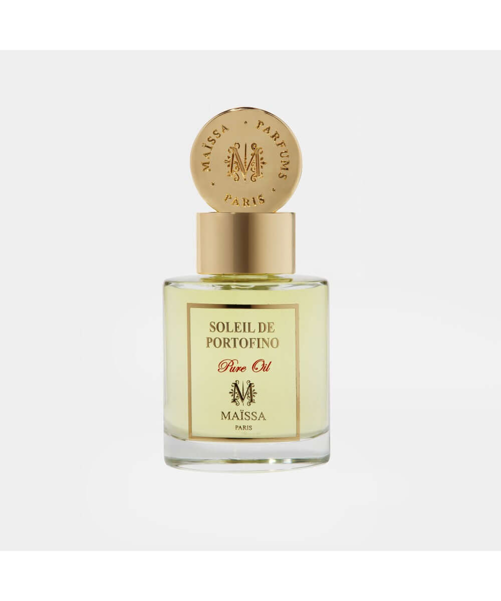 Luxurious PURE OIL SOLEIL DE PORTOFINO by Maison Maïssa, exclusive aquatic fragrance presented by the5thscent in a regal glass bottle.