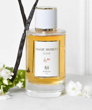 Luxurious MAGIC MOMENT fragrance by Maison Maïssa and the5thscent, blending oriental floral elegance in an exclusive perfume bottle.