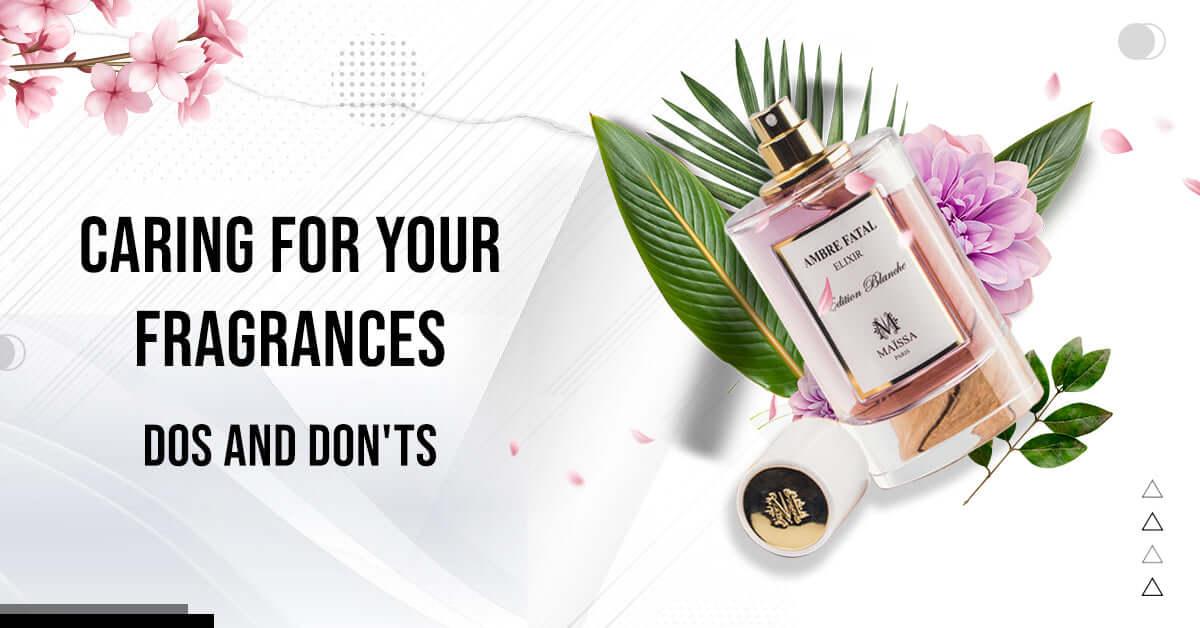 Alt Tag: Luxurious display of Maison Maïssa fragrance bottle embodying 'Caring for Your Fragrances: Dos and Don'ts' with floral elements.