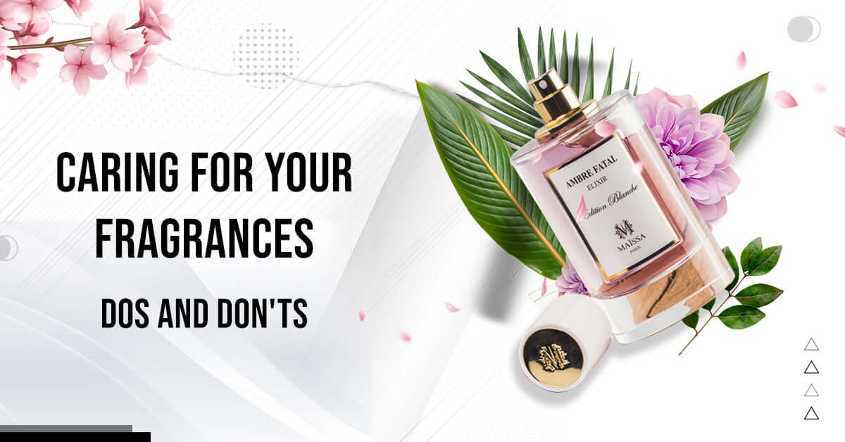 Alt Tag: Luxurious display of Maison Maïssa fragrance bottle embodying 'Caring for Your Fragrances: Dos and Don'ts' with floral elements.