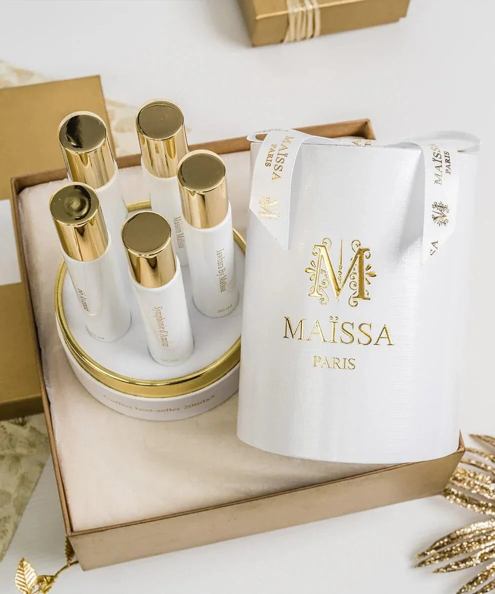 Maïssa Paris luxury white and gold perfume roller bottles gift set in a box