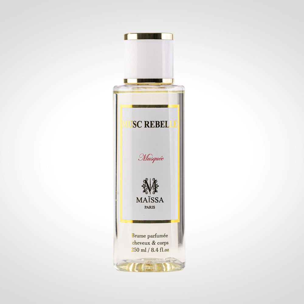 Musc Rebelle Brume Parfumée 250ml by Maison Maïssa Paris — clear perfumed mist bottle with white cap and gold accents, Musquée, made in France