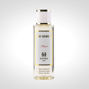 Musc Rebelle Brume Parfumée 250ml by Maison Maïssa Paris — clear perfumed mist bottle with white cap and gold accents, Musquée, made in France
