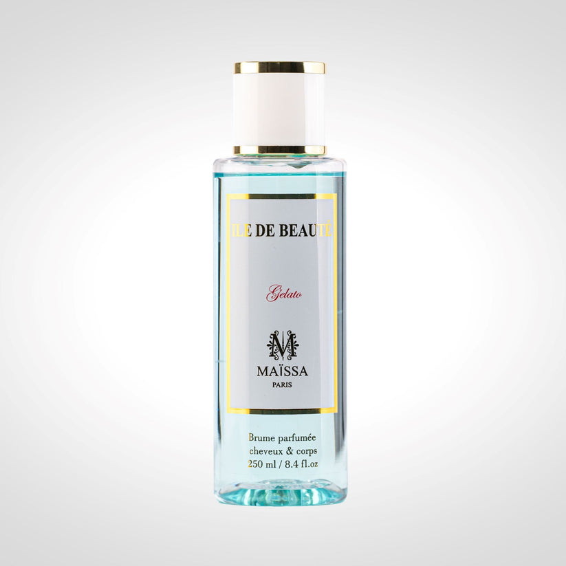 Île de Beauté Brume Parfumée 250ml by Maison Maïssa Paris — aqua blue perfumed mist bottle with white cap and gold accents, Gelato, made in France