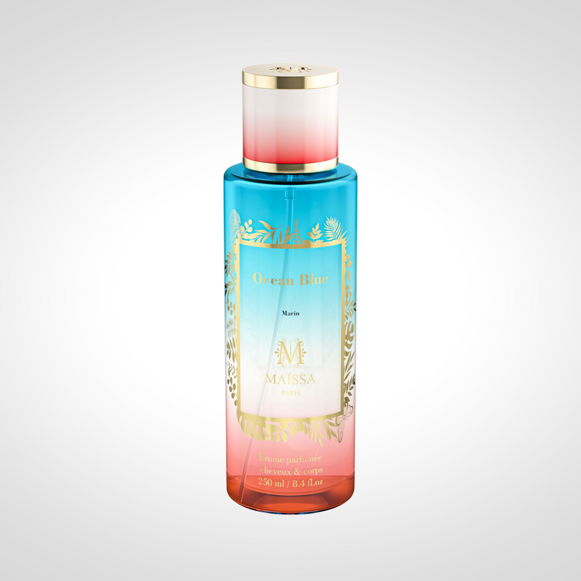 Ocean Blue Brume Parfumée 250ml by Maison Maïssa Paris — blue and coral ombre perfumed mist bottle with gold tropical design, Marin, made in France