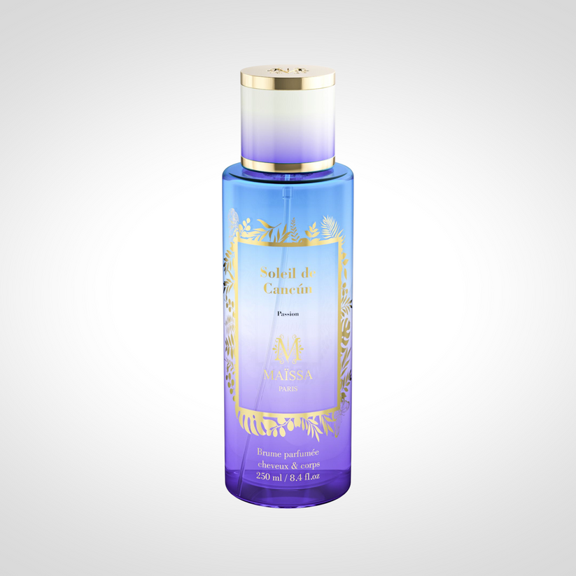 Soleil de Cancún Brume Parfumée 250ml by Maison Maïssa Paris — blue to purple ombre perfumed mist bottle with gold tropical design, Passion, made in France