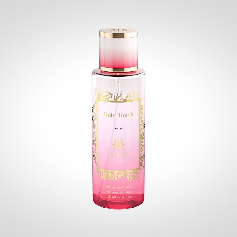 Only Touch Brume Parfumée 250ml by Maison Maïssa Paris — pink ombre perfumed mist bottle with gold floral design, Ambre, made in France