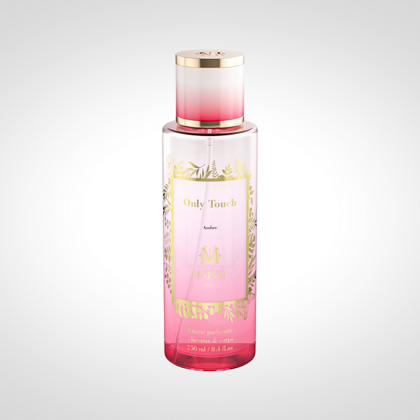 Only Touch Brume Parfumée 250ml by Maison Maïssa Paris — pink ombre perfumed mist bottle with gold floral design, Ambre, made in France