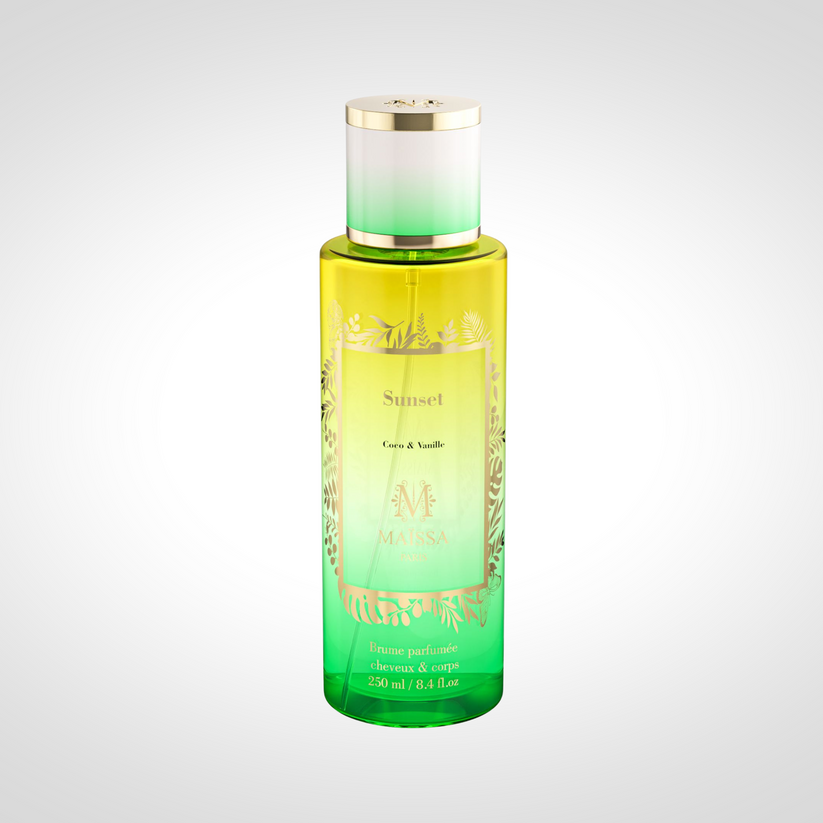 Sunset Brume Parfumée 250ml by Maison Maïssa Paris — green to yellow ombre perfumed mist bottle with gold tropical design, Coco & Vanille, made in France