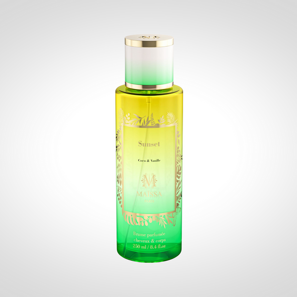 Sunset Brume Parfumée 250ml by Maison Maïssa Paris — green to yellow ombre perfumed mist bottle with gold tropical design, Coco & Vanille, made in France