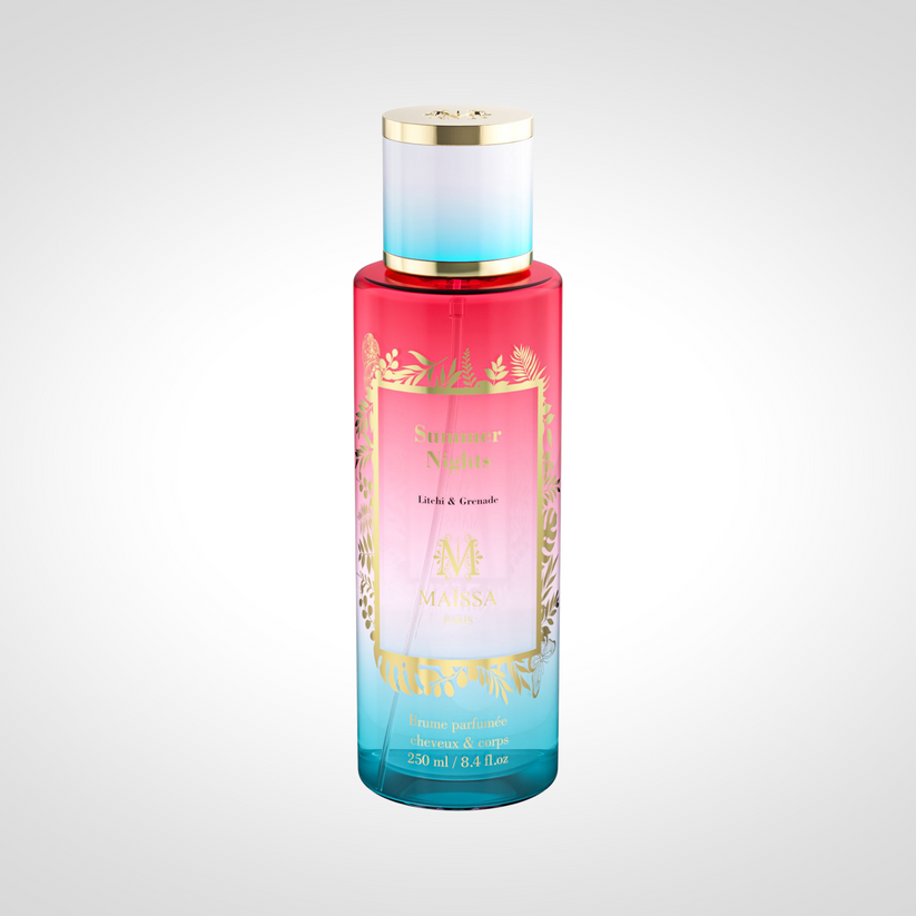 Summer Nights Brume Parfumée 250ml by Maison Maïssa Paris — pink to teal ombre perfumed mist bottle with gold tropical design, Litchi & Grenade, made in France