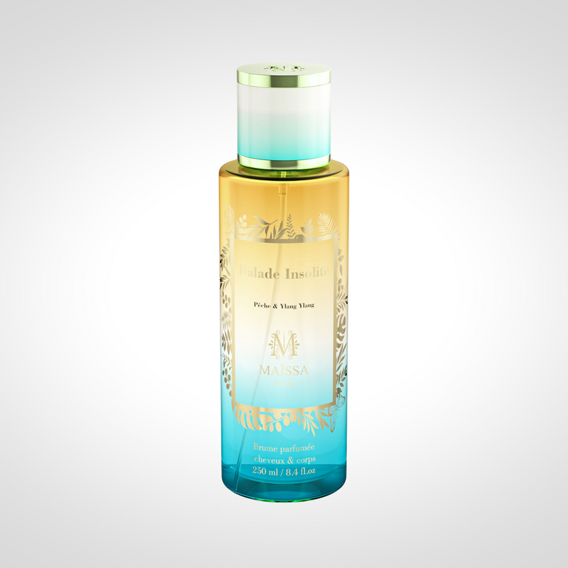 Balade Insolite Brume Parfumée 250ml by Maison Maïssa Paris — amber to teal ombre perfumed mist bottle with gold tropical design, Pêche & Ylang-Ylang, made in France