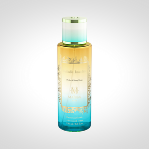 Balade Insolite Brume Parfumée 250ml by Maison Maïssa Paris — amber to teal ombre perfumed mist bottle with gold tropical design, Pêche & Ylang-Ylang, made in France