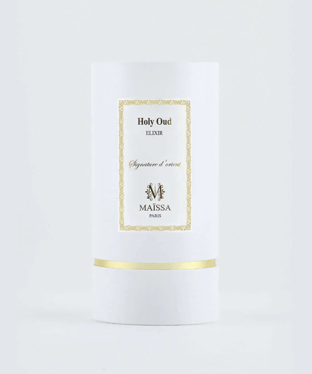 Maïssa Paris Holy Oud Elixir luxury men's fragrance white bottle with gold accents