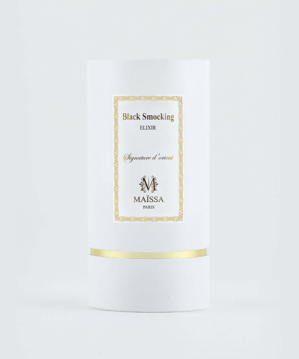 Elegant packaging of BLACK SMOCKING perfume by Maison Maïssa, offered exclusively by the5thscent. Luxurious oriental fragrance.