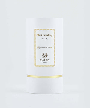 Elegant packaging of BLACK SMOCKING perfume by Maison Maïssa, offered exclusively by the5thscent. Luxurious oriental fragrance.