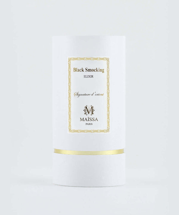Elegant packaging of BLACK SMOCKING perfume by Maison Maïssa, offered exclusively by the5thscent. Luxurious oriental fragrance.