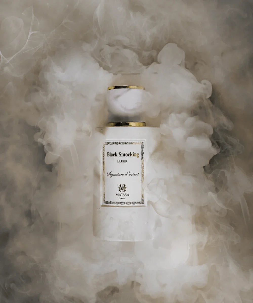Maison Maïssa Black Smocking Elixir perfume in elegant white and gold packaging
