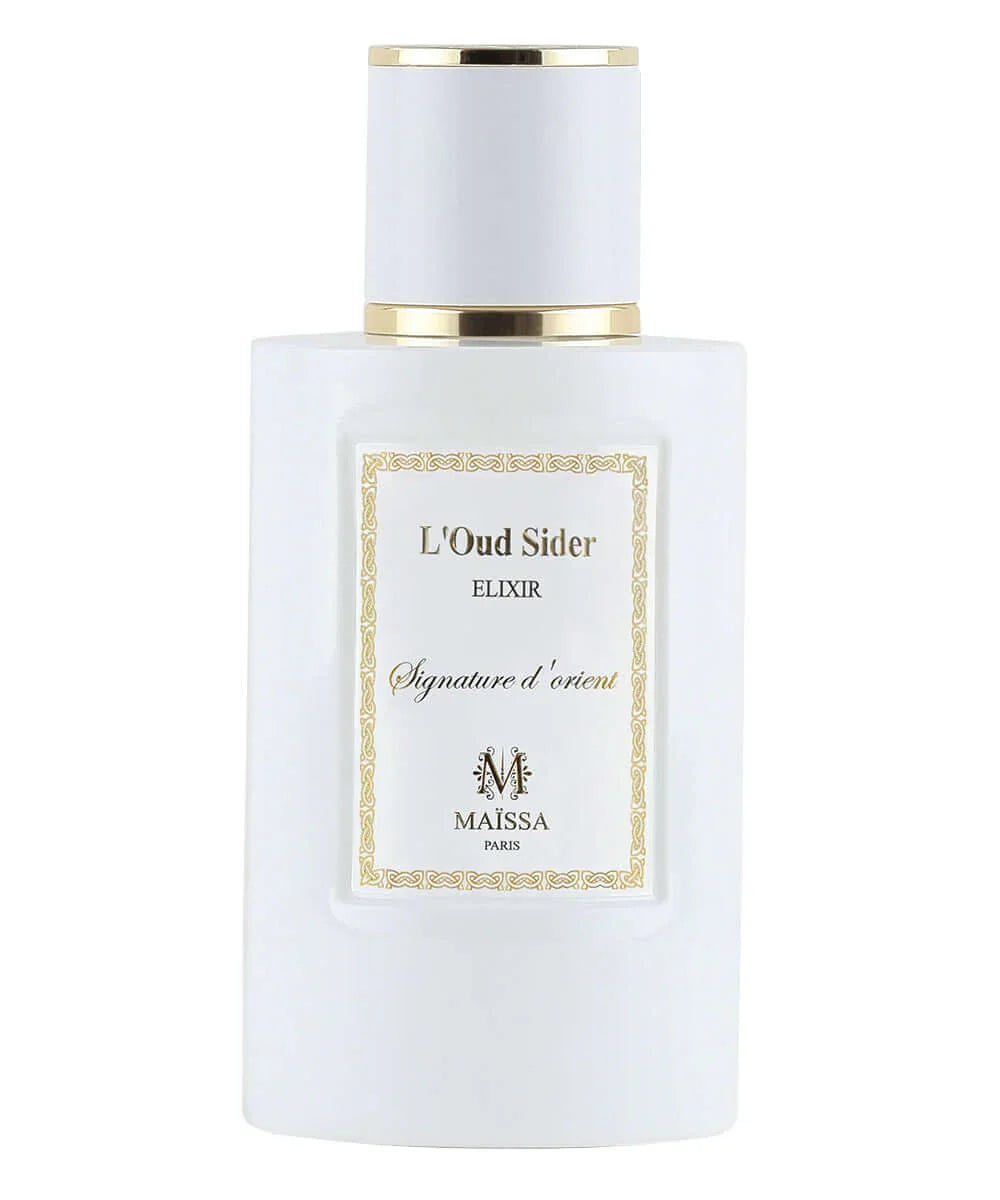 Luxurious white perfume bottle L'Oud Sider Elixir by Maïssa Paris with gold accents