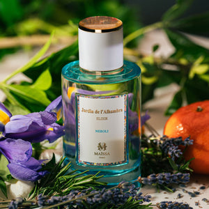 Maïssa Jardin de l’Alhambra Neroli bottle in a botanical setting