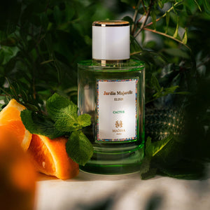 Maïssa Jardin Majorelle Cactus Elixir among green foliage, mint and citrus