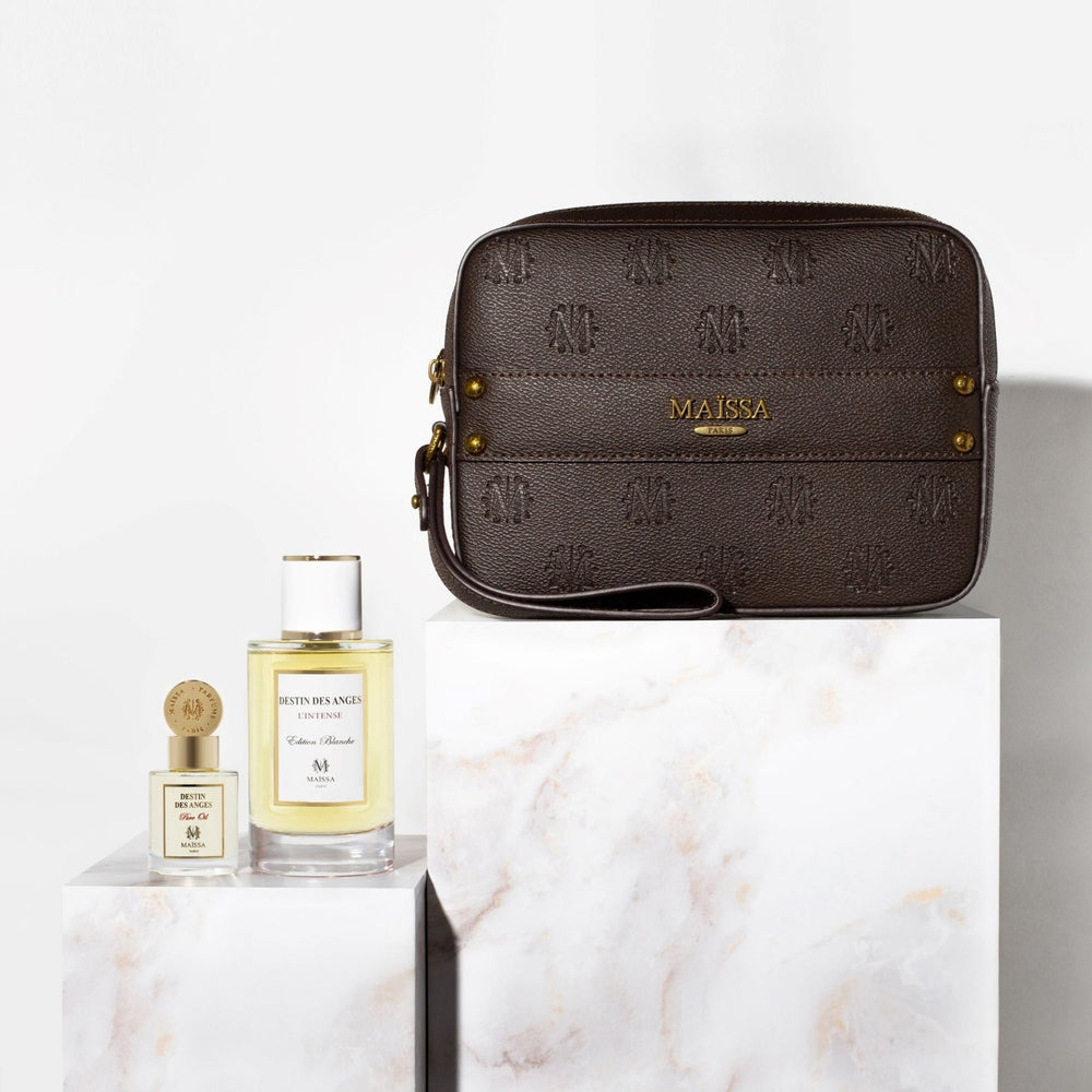 Destin des Anges Toscane gift set with brown Maïssa bag, 100ml perfume and 15ml Pure Oil