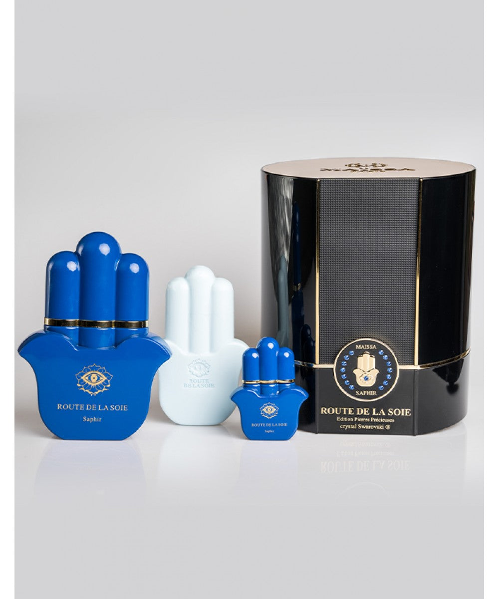 Alt Tag: Luxurious Maison Maïssa PRECIOUS STONES EDITION BOX AVENUE DE LA SOIE, elegant unisex scent with sapphire accents, the5thscent.