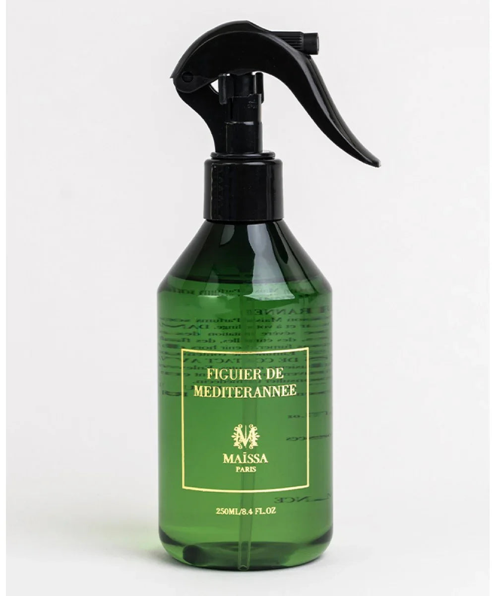 Green spray bottle labeled Figuier de Mediterranee by Maissa Paris, 250ml liquid inside