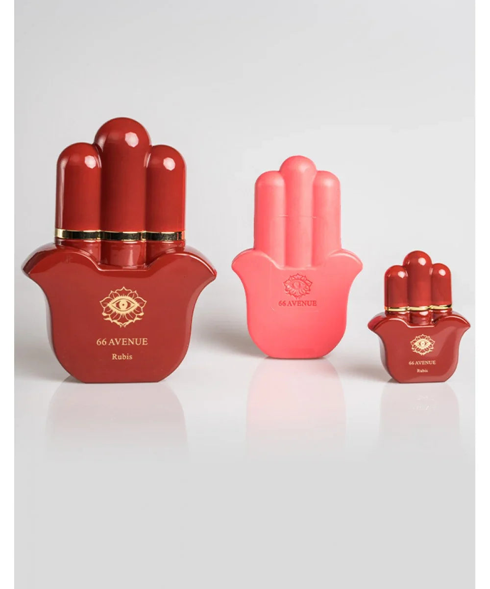 66 Avenue Rubis perfume set with red and pink hand-shaped bottles and black luxury Swarovski crystal box