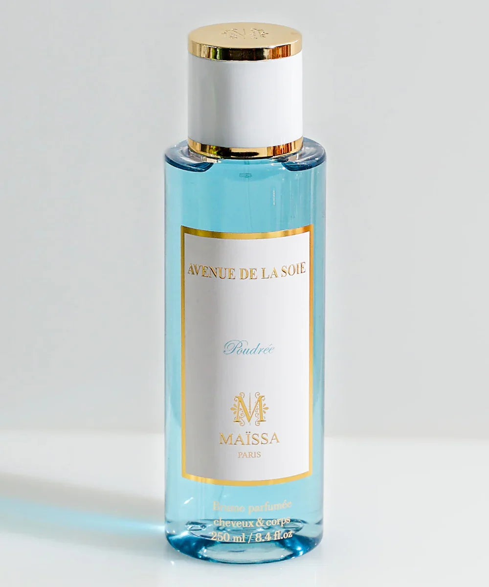 Maissa Paris Avenue De La Soie Poudrée scented hair and body mist in 250 ml clear blue bottle