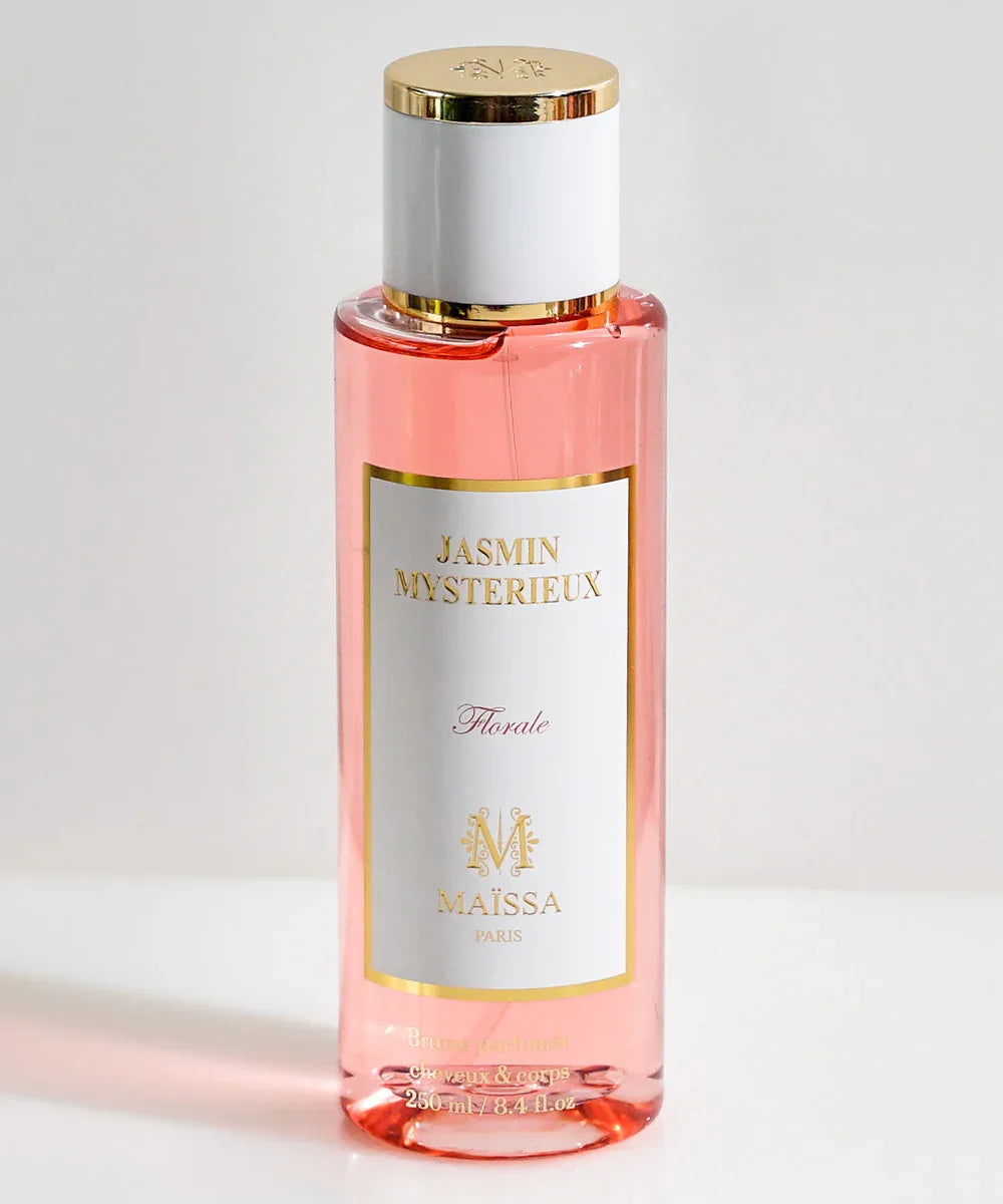 Jasmin Mystérieux Florale pink body and hair mist bottle by Maïssa Paris with gold and white cap