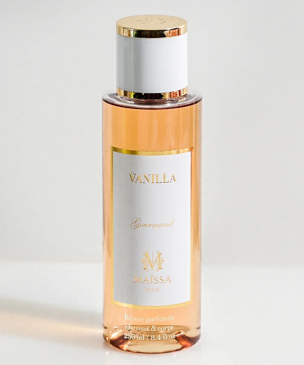 250ml Maissa Paris Vanilla Gourmand scented hair and body mist bottle with gold and white cap