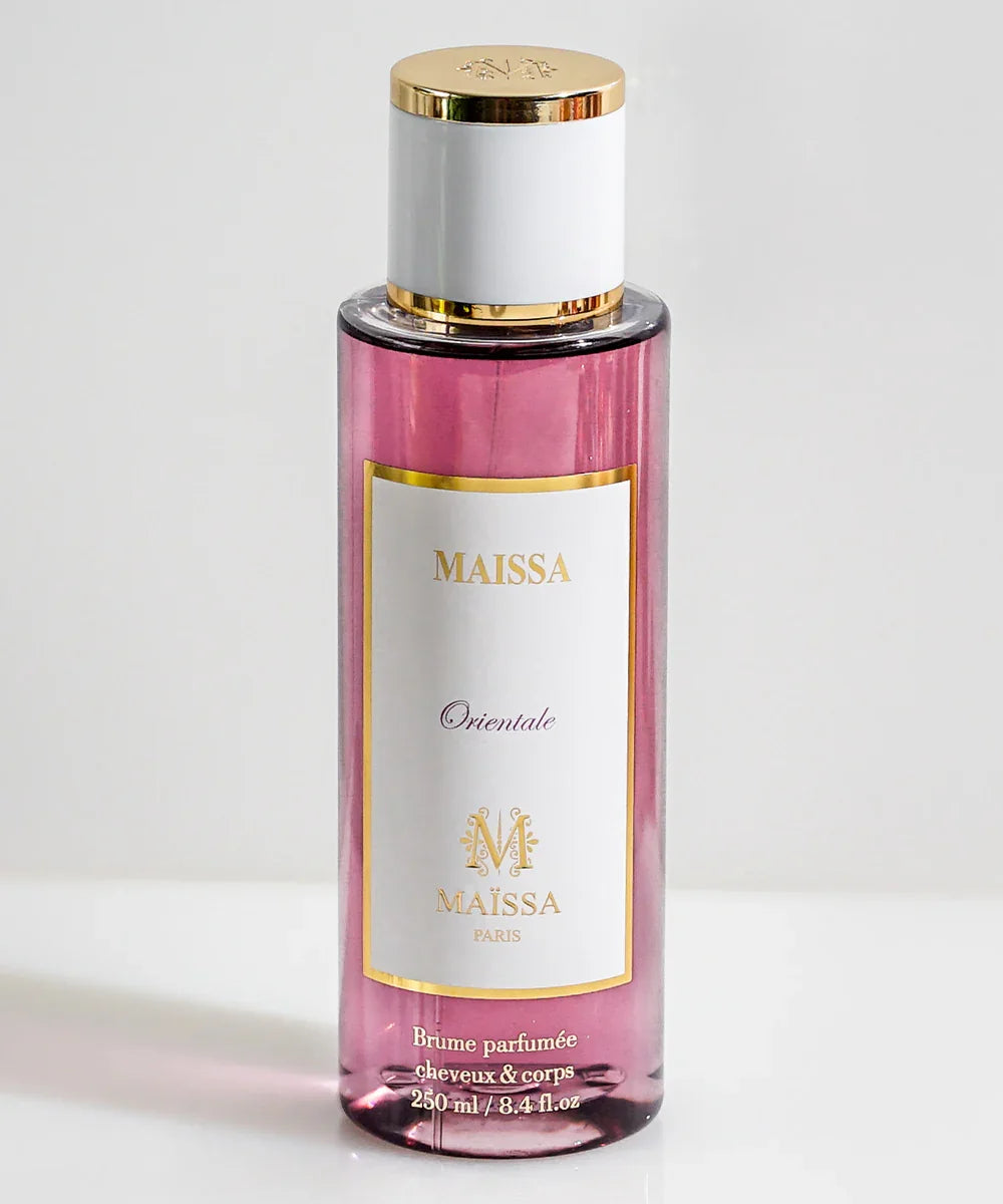 Maissa Orientale scented body and hair mist in a pink 250ml bottle with gold and white cap