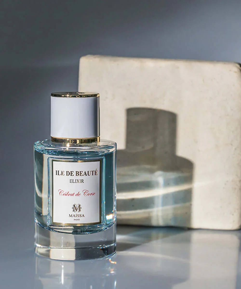 Ile de Beauté Elixir Cedrat de Corse fragrance bottle by Maissa Paris with gold accents