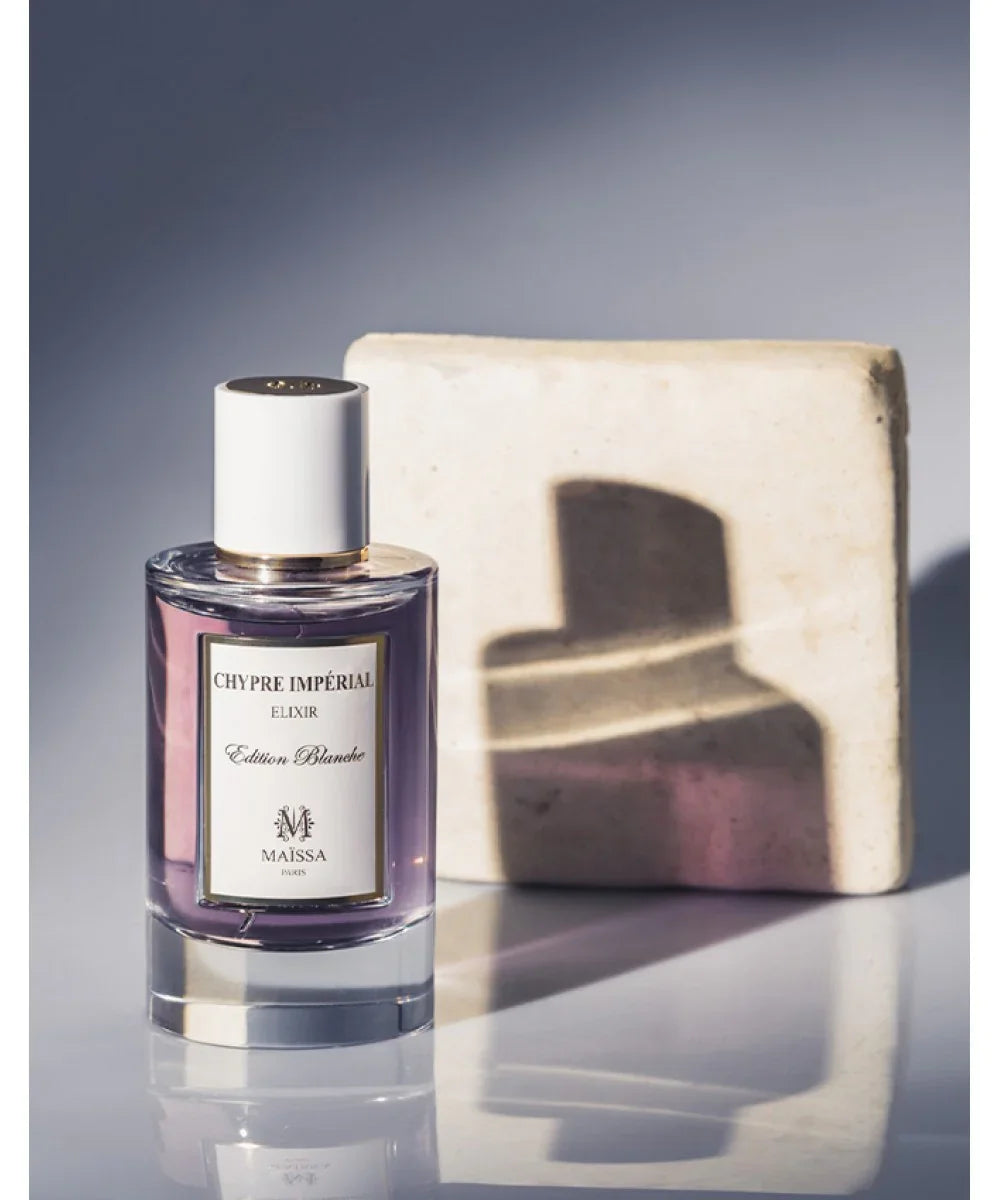 Chypre Impérial Elixir Edition Blanche perfume bottle by Maïssa Paris with light purple liquid