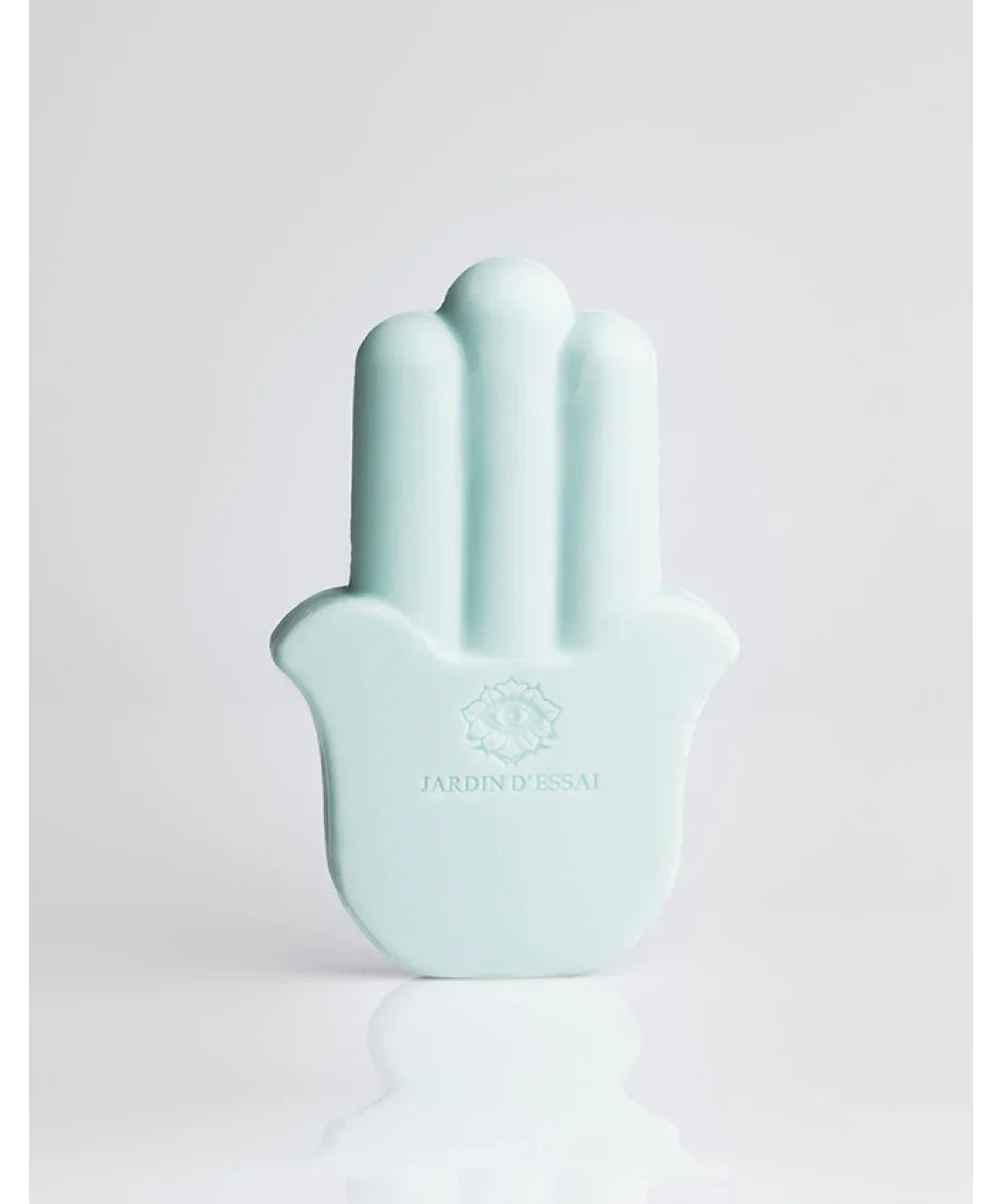 Jardin d'Essai Maissa turquoise perfume set with Swarovski crystals in blue hamsa-shaped bottles and black luxury box