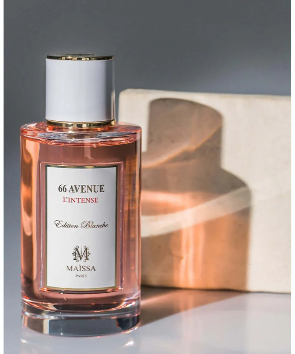 66 Avenue L'Intense Edition Blanche Maïssa Paris perfume in clear glass bottle with pink liquid and white cap