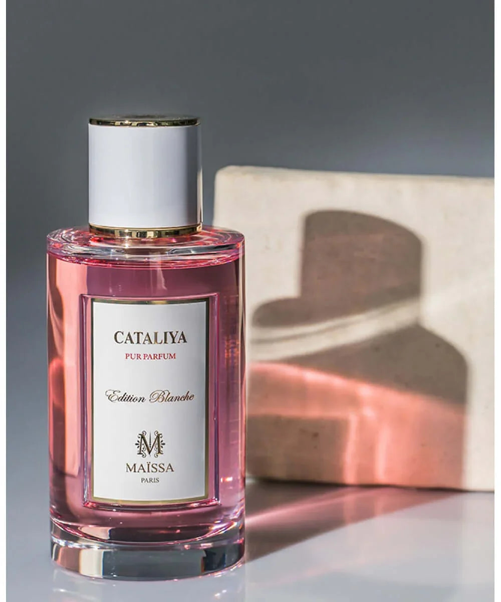 Cataliya Edition Blanche pink perfume bottle by Maïssa Paris with white and gold cap
