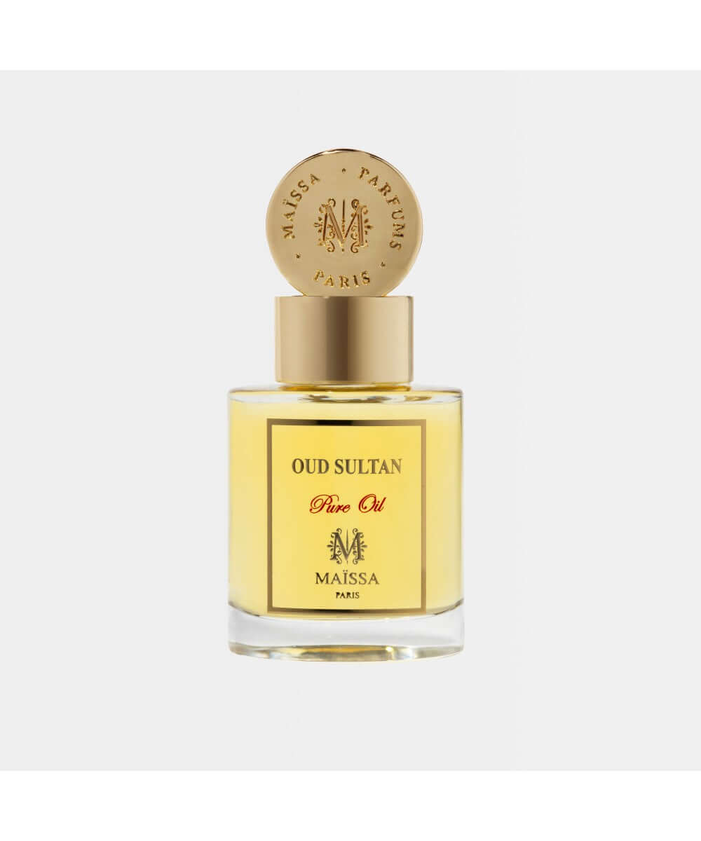 Luxurious PURE OIL OUD SULTAN by Maison Maïssa, an exclusive woody rose fragrance, showcased by the5thscent in a gold-embellished bottle.