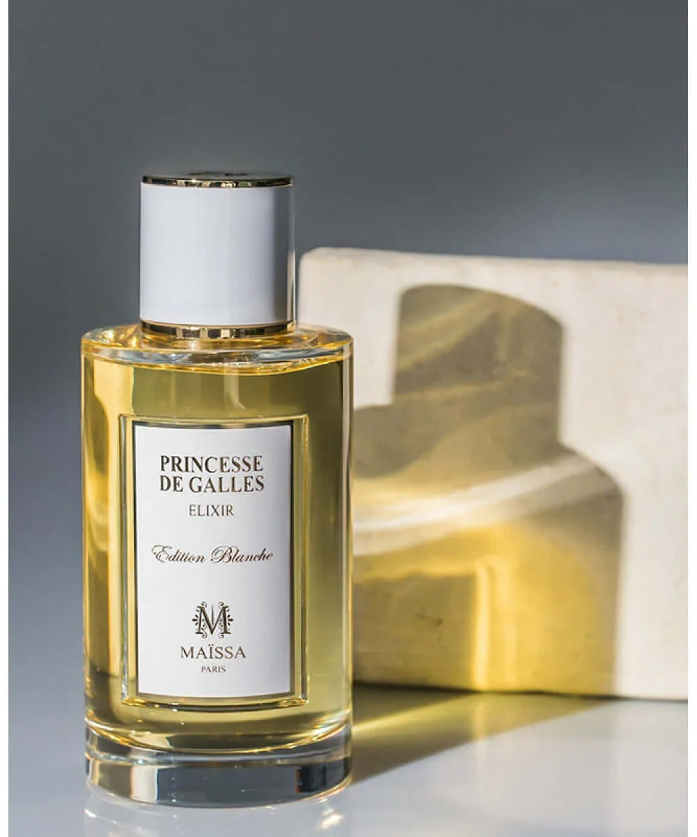 Princesse de Galles Elixir Edition Blanche perfume bottle by Maïssa Paris with gold and white design